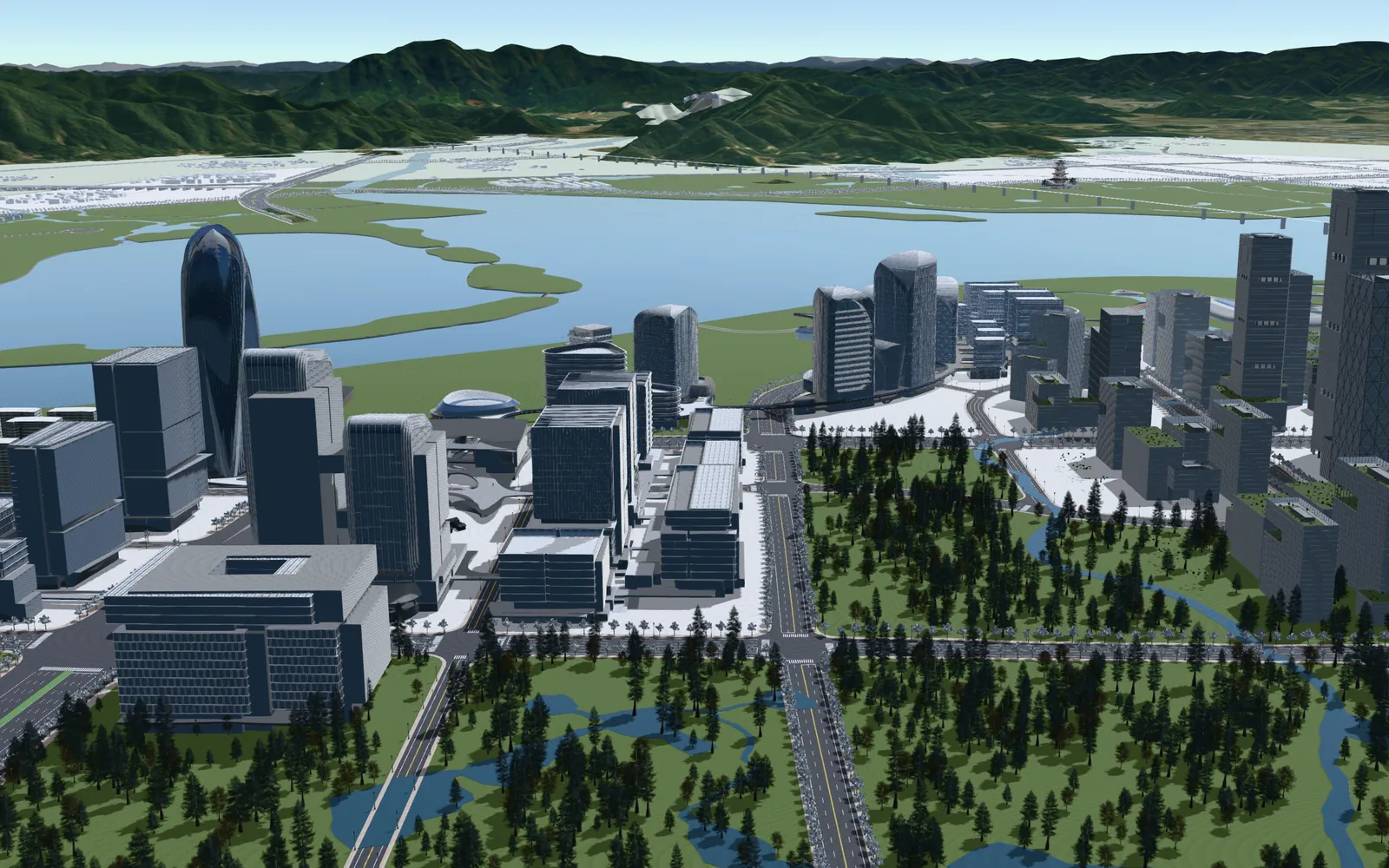 3D city planning scene rendered in CesiumJS, with terrain, a river, high-rise buildings, and parkland